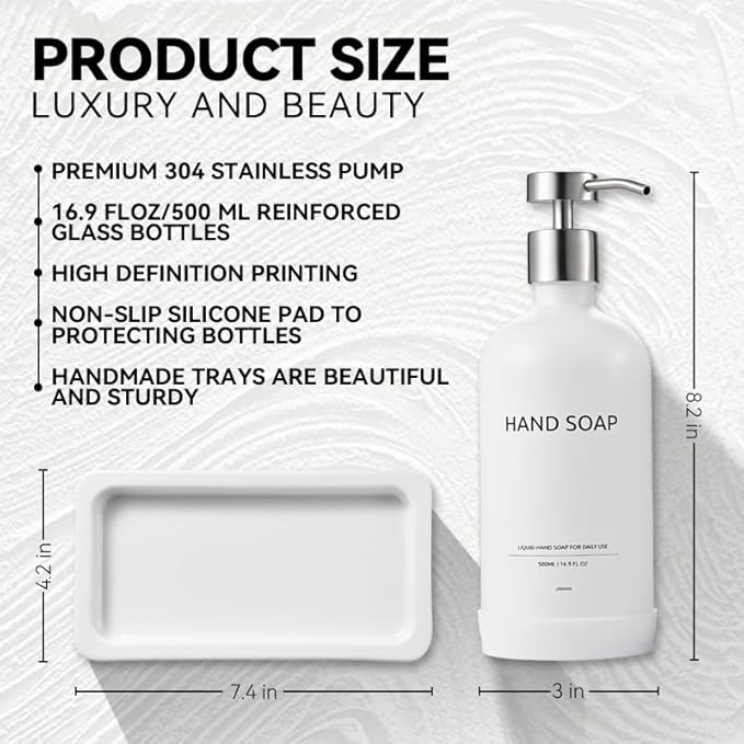 Glass Kitchen Soap Dispenser Set with Ceramic Tray,16.9 floz Hand and Dish Soap Dispenser for Kitchen and Bathroom Decor (White Bottles + Silver Pumps)