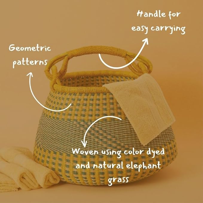 Home & Kitchen Decor, Wicker Basket, Picnic Basket, Living Room Basket, Organizing, Harvesting, Foraging, Fruit Storage, Hand Woven, Pot Shape, 16" Wide, Boho - Yellow Teal