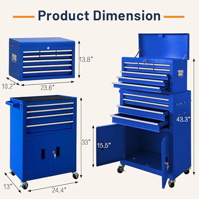 13-Drawer Double Door Rolling Tool Chest, 2 in 1 Detachable Tool Chest,Tool Box with Drawers and Wheels, Large Tool Cabinet with Lock, Metal Standing Toolbox for Garage Workshop-Blue