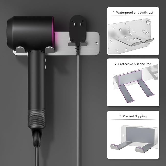 Hair Dryer Holder Wall Mounted, New Upgrade Stainless Steel Self Adhesive Blow Dryer Holder Rack for Dyson Supersonic Hair Dryer,Silver