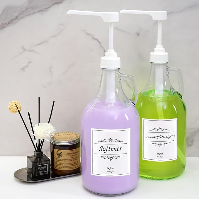 2 Pcs Glass Liquid Laundry Detergent Dispenser with Pump (Upgraded), 64 oz Dispenser for Laundry Room, Half Gallon Glass Jugs with Airtight Lid