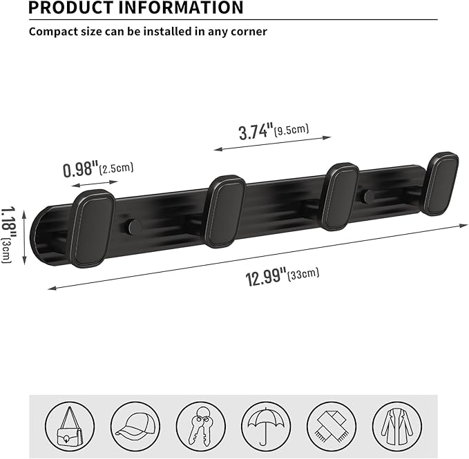 Coat Rack Wall Mount Black, 4 Hooks Rack Metal Coat Hanger Wall for Hanging Hat Purse and Robes, Towel Hook for Bathrooms and Entryway (1 Pack)