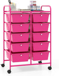 Giantex 10 Drawers Rolling Cart, Classroom Organizers, Storage Cart with Wheels, for Teacher Office Home School Supplies Tool Craft Art Paper, Hot Pink