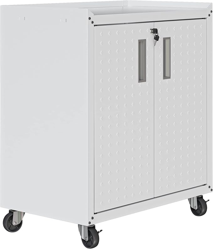 Manhattan Comfort Fortress Textured Metal 31.5" Garage Mobile Cabinet with 2 Adjustable Shelves in White