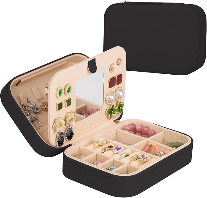 TopPerfekt Travel Jewelry Case, Jewelry Box with Mirror, Jewelry Organizer Bridal Shower Gifts to Her, Earring Storage Travel Case, Trendy Gift for Women and Girls, Girlfriend-pure Black