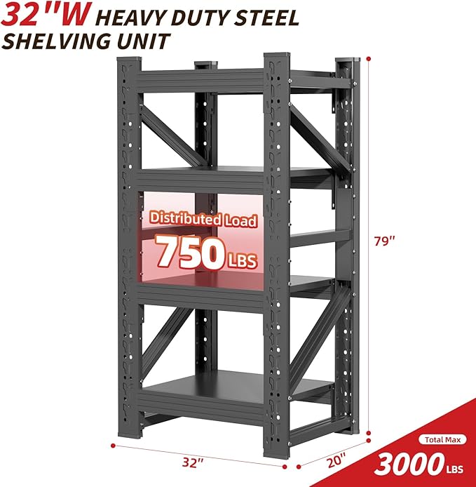 32" W Garage Shelving,4-Tier Heavy Duty Storage Shelves Unit with Adjustable Metal Shelf for Warehouse,Basement,Workshop,3200LBS,32" W x 20" D x 79" H,Black