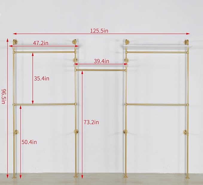 Industrial Pipe Clothing Rack Wall Mounted 5 Hanging Rods Garment Bar with Storage Shelf, Heavy Duty Metal Clothes Racks Closet System for Hanging Clothes Retail Display (Gold)