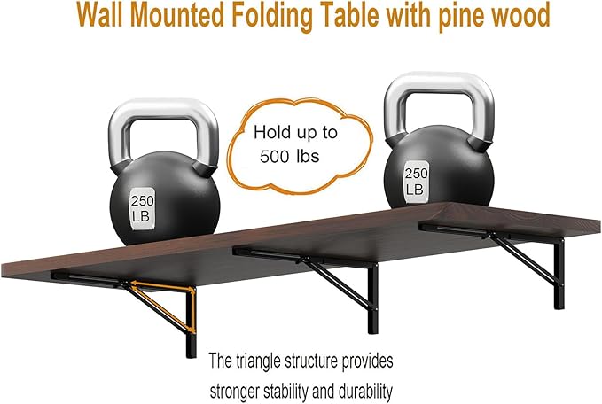 IAE Floating Wall Mounted Folding Table Desk with Pine Wood,60" x 22" Foldable Workbench,Fold Down Wall Mounted Foldable Desk with Shelf Brackets,Laundry Folding Table for Home,Dining,Kitchen,Brown