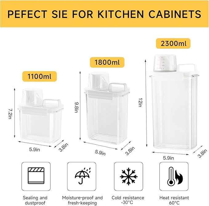 Cereal Container，Rice Storage Dispenser-Airtight Food Storage Organizers BPA-free Plastic Kitchen Pantry Storage Containers food-grade PET material Suitable for rice, grains(2300ml+1800ml)