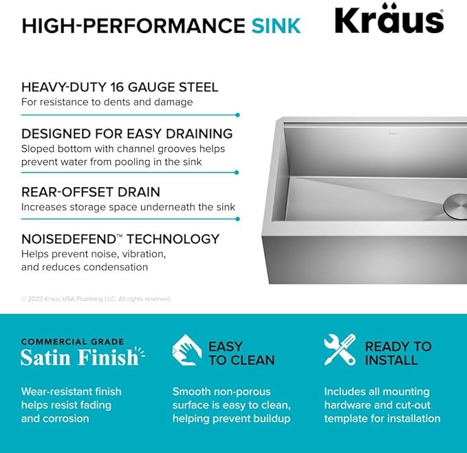 Kraus Kore 30-Inch Rounded Farmhouse Workstation with In Sink Dish Drying Rack, Stainless Steel Kitchen Sink, KWF210-30