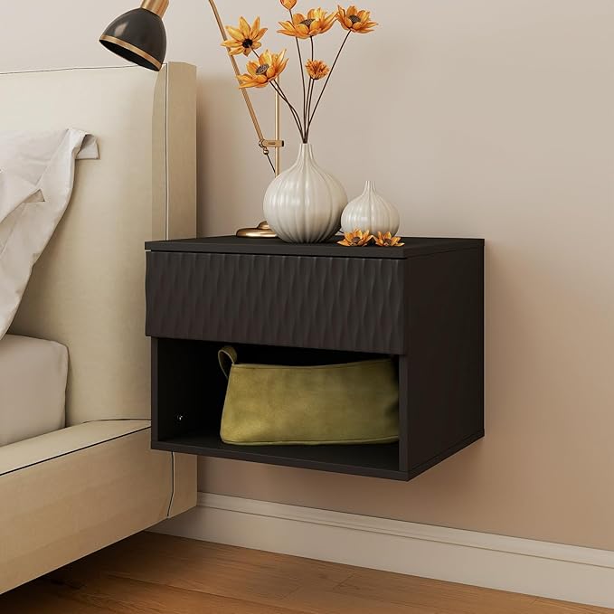 Floating Nightstand Set of 2,Modern Bedside Tables for Bedroom,Small Night Stands with Drawer and Open Shelf, Wall Mounted End SideTables Set for Living Room