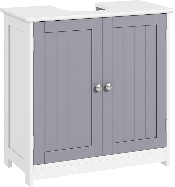 kleankin 23.5" Pedestal Sink Storage Cabinet, Freestanding Bathroom Under Sink Cabinet with U-Shape Cut-Out and Adjustable Shelf, White and Gray
