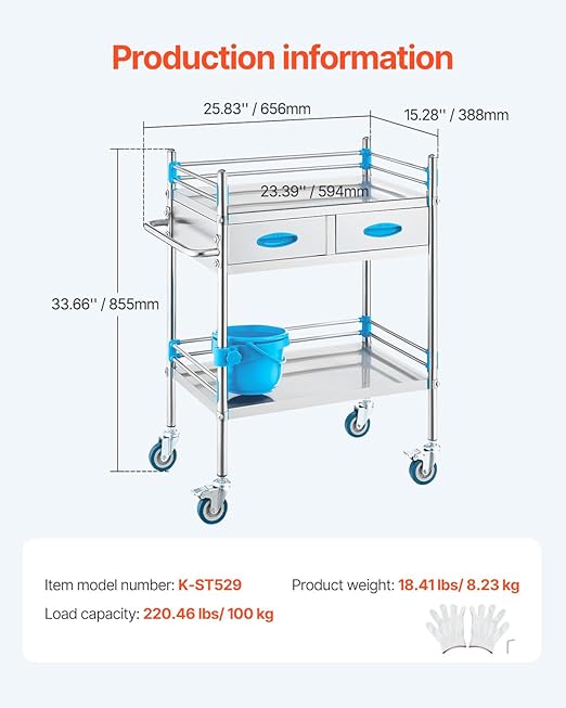 VEVOR Lab Serving Cart Utility Cart Stainless Steel Medical Cart with Two Drawers for lab Equipment Use Grade I Stainless Steel Utility Services (2 Shelves/ 2 Drawer)
