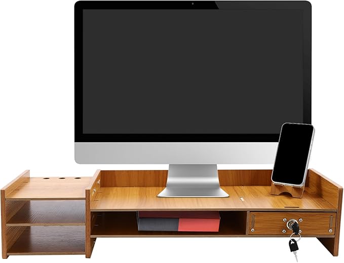 Monitor Stand,Computer Monitor Stand,Computer Rack with Drawers,Desk Shelf Wood Desk Organizer,Wooden Desktop Organizers w/Lock for Home Office Workspace Organizer (4.41lbs)
