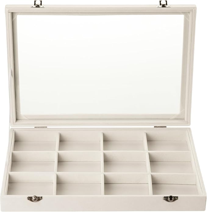 Frebeauty Velvet Jewelry Tray,12 Grid Jewelry Organizer with Clear Lid,Bracelets Holder,Jewelry Display Case with Clasp,Drawer Insert Bangle Brooch,13.8 x 9.5 x 2 Inches,Gift for Women Girls(Beige)