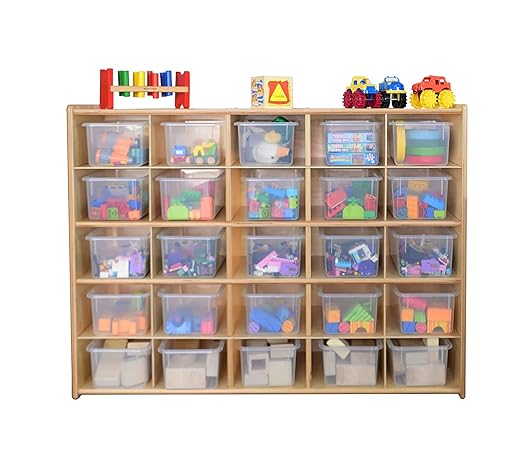 Contender 25 Tray Storage Cabinet with Translucent Trays, Fully Assembled, Wooden Organizer for Classroom, Daycare, or Home
