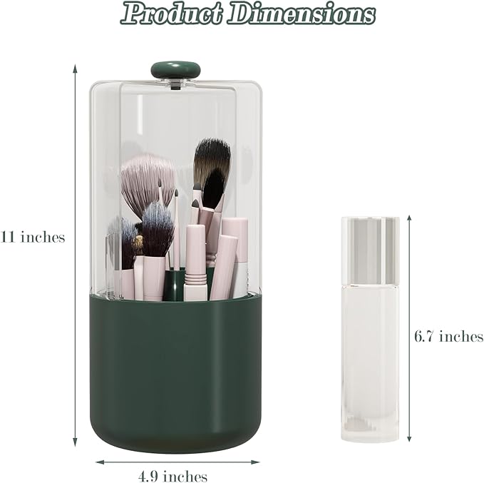 Makeup Brush Holder with Dustproof Cover, Clear 360 Rotating Make Up Brushes Organizer for Counter Vanity Bathroom, Olive Green