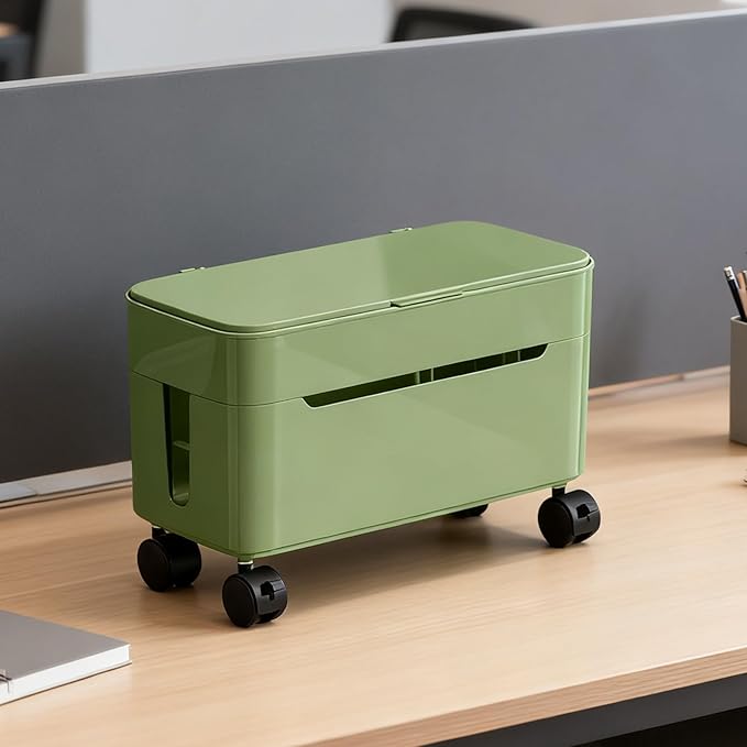 Cable Box Organizer | Wire Storage Container with Wheels | Tabletop Charger Cord Storage | for Home Office Dormitory Gaming Setup TV Stand Computer Desk Tech Enthusiasts Renters Content Creators