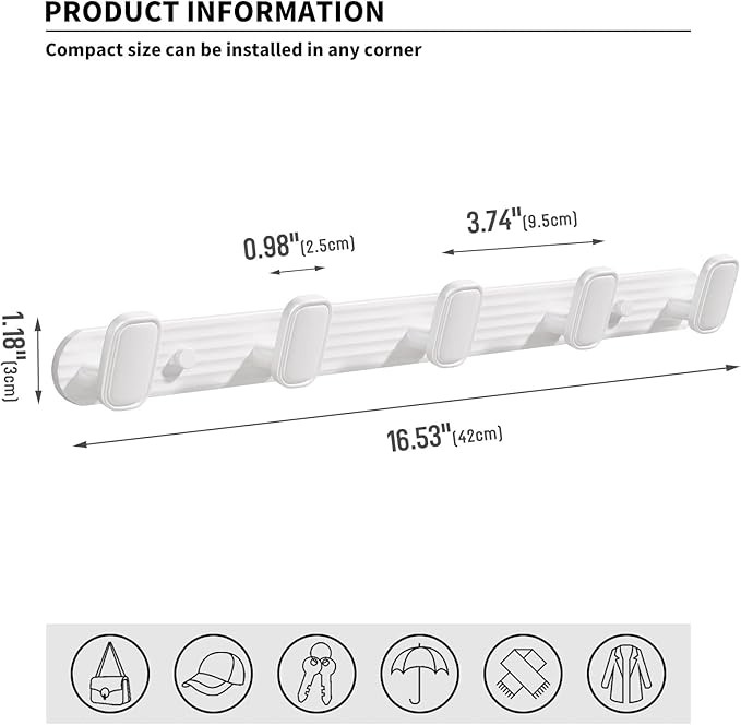 Coat Rack Wall Mount White, 5 Hooks Rack Metal Coat Hanger Wall for Hanging Hat Purse and Robes, Towel Hook for Bathrooms and Entryway (1 Pack)
