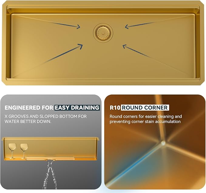 Lordear Luxury 45 Inch Kitchen SInk Gold Undermount Kitchen Sink Large Ledge Workstation 16 Gauge Stainless Steel Single Bowl Under Counter Gold Kitchen Sink with Built-in Accessories 45''x19''x10''