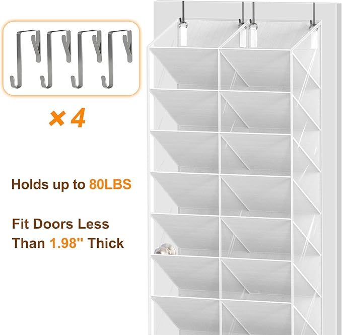 30 Pairs Over the Door Shoe Organizer, Clear Pockets Hanging Shoe Storage for Closet, 10-Tier Door Shoes Rack Storage, Handing Shoes Holder Fit All the Family's Sneakers, Boots, Heels, White