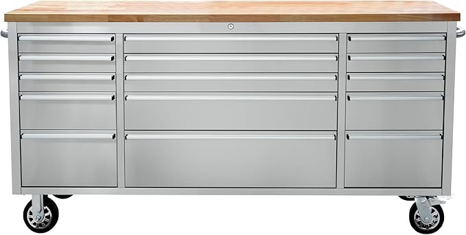 CT Copper Tailor 72-inch Tool Chest with Integrated Power Strip,15 Drawers and Wheels, Mobile Garage Workbench Storage Tool Cabinet, Large Rolling Tool Box with Wood Top, Stainless Steel