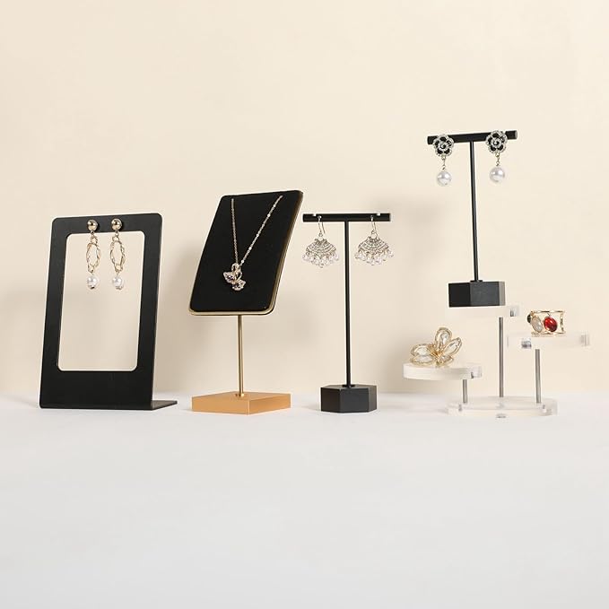 GemeShou Black velvet necklace stand, gold necklace hanger, small metal jewelry stand for earrings and necklaces【Black】
