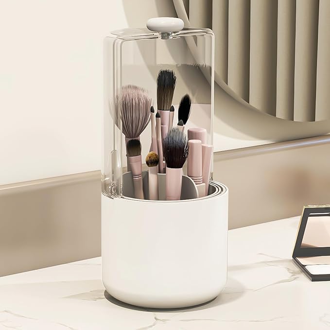 Makeup Brush Holder with Dustproof Cover, Clear 360 Rotating Make Up Brushes Organizer for Counter Vanity Bathroom, White