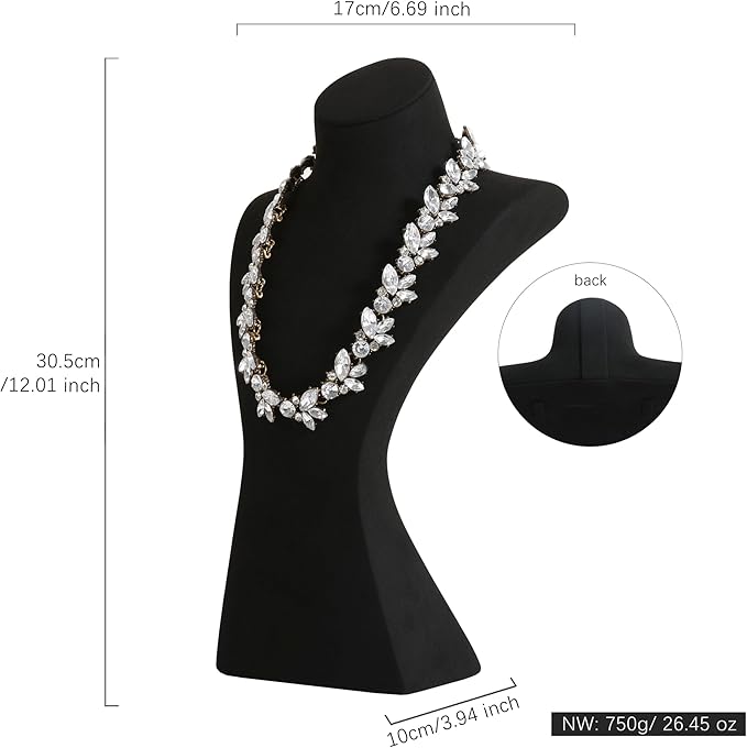 GemeShou Black necklace storage hanger stand jewelry organizer, Velvet jewelry stand necklace holder, jewelry mannequin bust for necklaces, jewelry bust display stands【Black-Large height 12 inch】