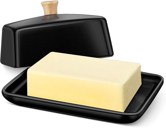 Flexzion Ceramic Black European Butter Dish with Lid for Countertop (7 Inch) - Wide 2 Stick Double Butter Holder for Counter, Cream Cheese Container Storage Keeper