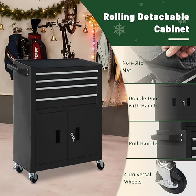 13-Drawer Rolling Tool Chest with Double Doors, 2 in 1 Detachable Rolling Tool Chest with Drawers, Mobile Tool Cabinet Combo, Metal Large Lockable Tool Box for Garage Workshop (Black)