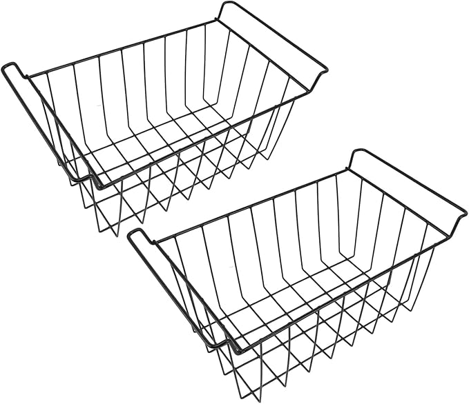 2PCS Freezer Organizer Bins, Steel Wire Freezer Basket with Handles Multifunctional Organizer Bin Stackable Metal Wire Baskets for Cabinet, Pantry, Closet (Black)