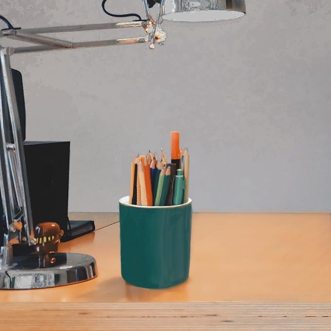 HANKOR Ceramic Pencil Holder for Desk - Cute Gold Trim Pen Aesthetic Makeup Brush Cup Holder Organizer for Desktop Storage Stationery Office Home Supplies (Green)