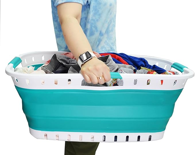 SAMMART 44L Collapsible Plastic Laundry Basket - Foldable Pop Up Storage Container/Organizer - Portable Washing Tub - (1, White/Bluish-Green), Size : 25.4 x 17.3 x 10.2 inches
