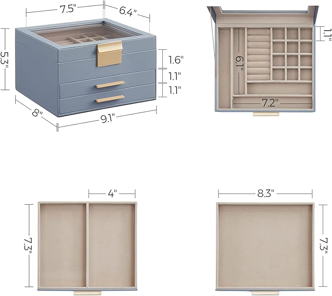 SONGMICS Jewelry Box Organizer with Glass Lid, 3-Layer Jewelry Storage, with 2 Drawers, Modern Style, Christmas Gift, 8 x 9.1 x 5.3 Inches, Smoky Blue and Gold Color UJBC239Q01