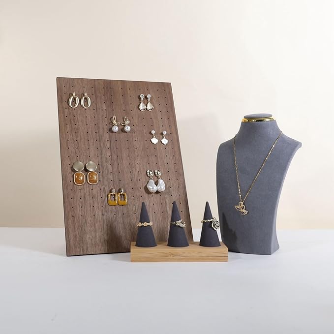 GemeShou Walnut earring display stand for selling, jewelry studs storage organizer for show, earring holder board with 204 holes【Earring board】