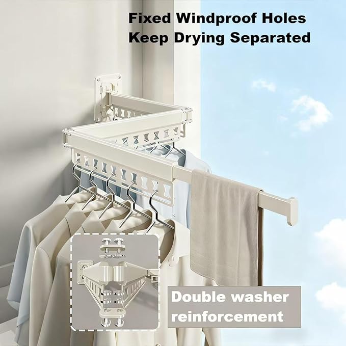 Clothes Drying Rack Wall-Mounted, 3-Fold Retractable Clothes Hanger with Windproof Holes & Detachable Design, Sturdy Foldable Laundry Rack for Balcony, Bathroom Use (Cream White)