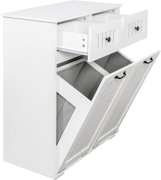 Laundry Hamper Cabinet with 2 Baskets & 2 Drawers, 31.5" Bathroom Clothes Sorter Storage Cabinet for Bathroom Laundry Room, Tilt-Out Hamper Organizer with Divided Sections