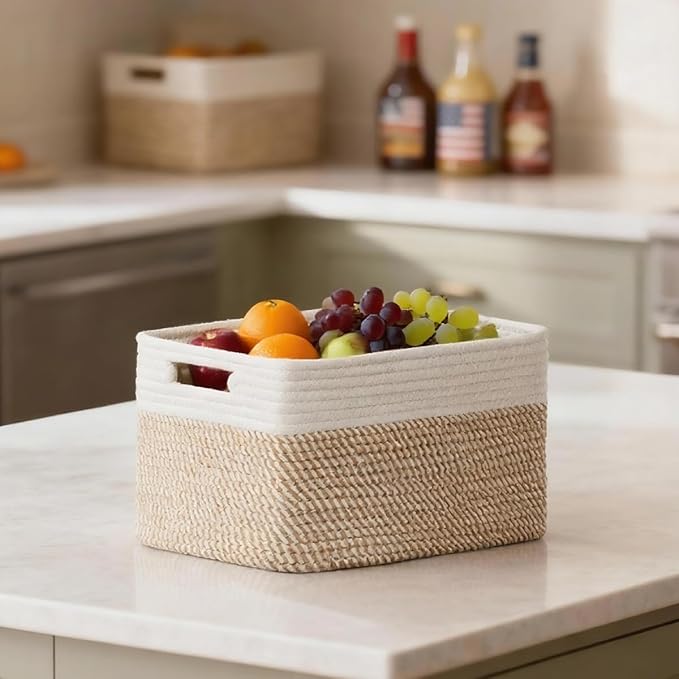 5 Pack Woven Storage Baskets for Shelves, Decorative Basket Organizer Storage Bins for Toys, Books, Clothes, Closet, Nursery, Bathroom – Cotton Rope Shelf Baskets for Organizing, Khaki & White
