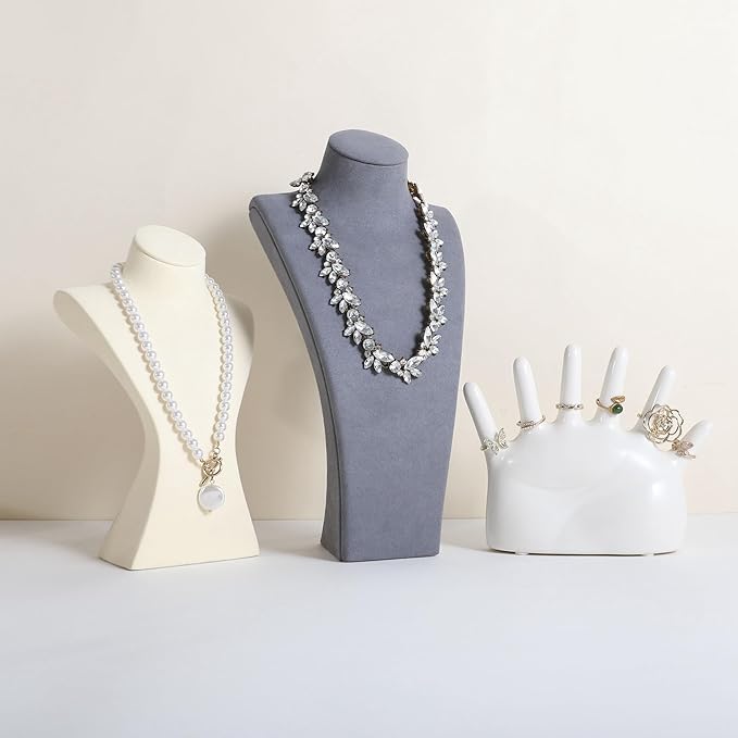 GemeShou Grey necklace storage organizer for sale, Velvet necklace holder stand, jewelry bust display stands, Jewelry Mannequin for Countertop, Showcase【Grey-Large height 12.4 inch】