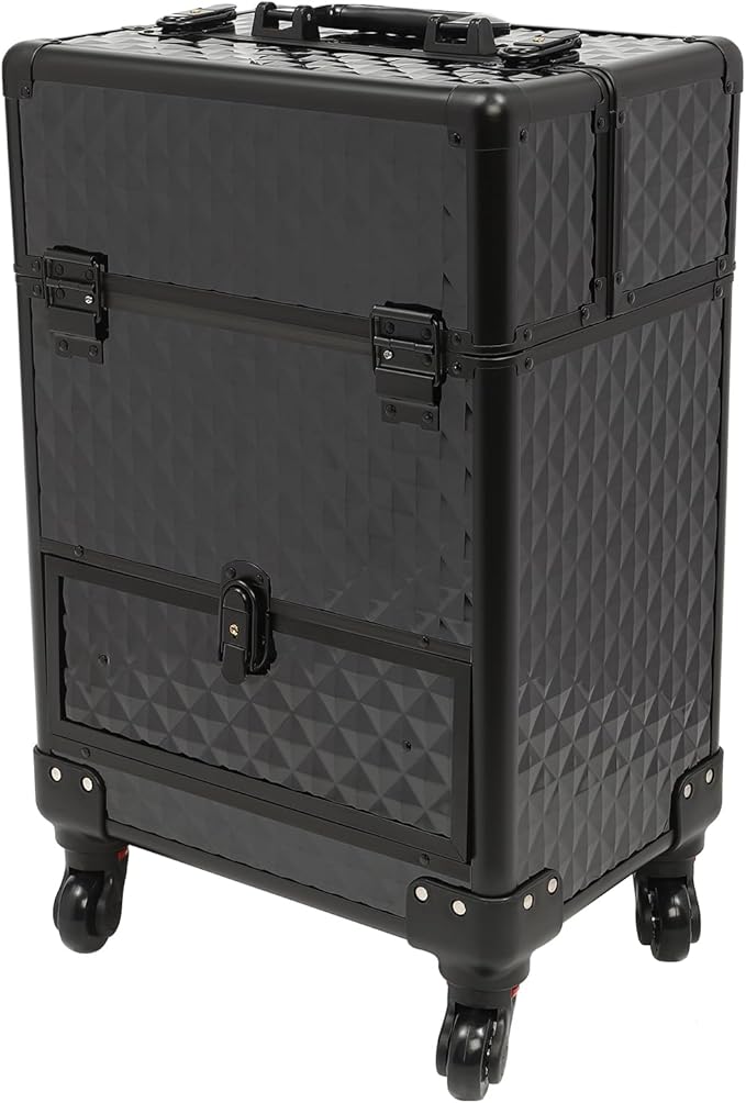 Professional Rolling Makeup Train Case with Lock, 7 Compartments 44lbs Capacity Rolling Nail Case Adjustable Organizer for Makeup Artists, Hairstylists, Pet Groomers (Black)