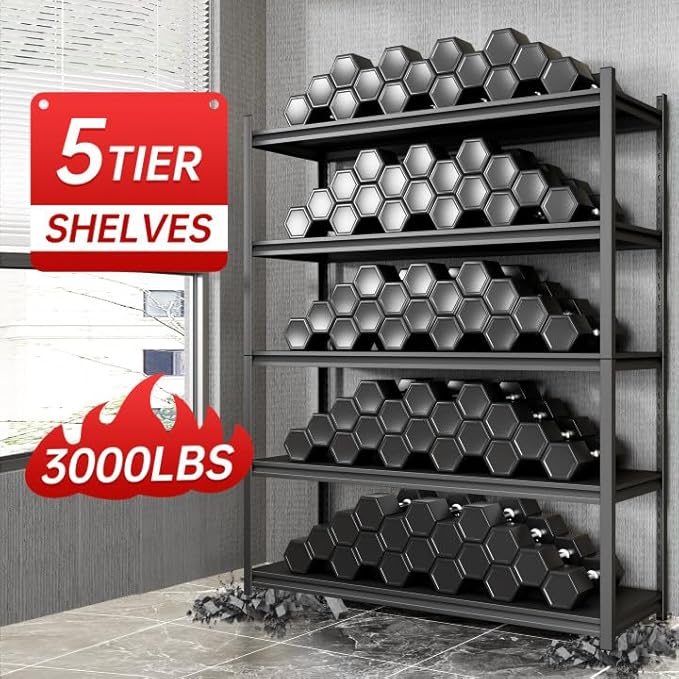 Metal Garage Shelving, Adjustable 5-Tier Heavy Duty Shelving, 3000 LBS Garage Shelving Unit and Storage，Heavy Duty Shelves for Basement,Warehouse，Kitchen (19.7" D*47.2" W*72" H)