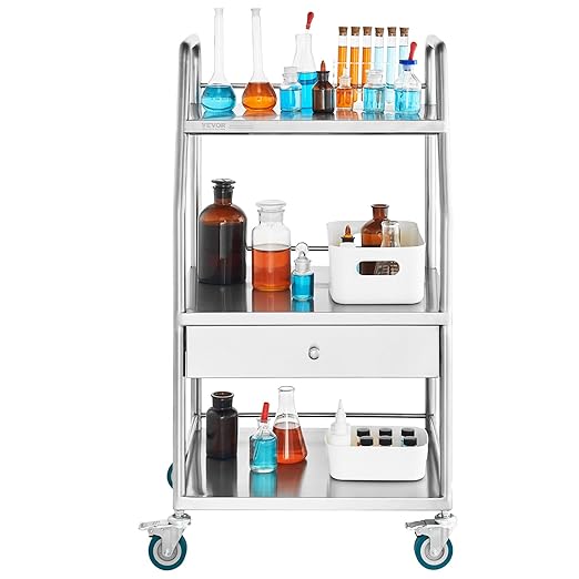 VEVOR Stainless Steel Utility Cart with 3 Shelves & 1 Drawer, 360 Swivel Casters, 220lbs Capacity