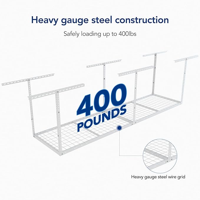 FLEXIMOUNTS 2x8 Overhead Garage Storage Rack,Adjustable Storage Organization System,Heavy Duty Metal Garage Ceiling Storage Racks,400lbs Weight Capacity,White, Classic Series