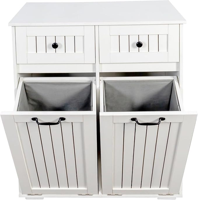 Laundry Hamper Cabinet with 2 Baskets & 2 Drawers, 31.5" Bathroom Clothes Sorter Storage Cabinet for Bathroom Laundry Room, Tilt-Out Hamper Organizer with Divided Sections