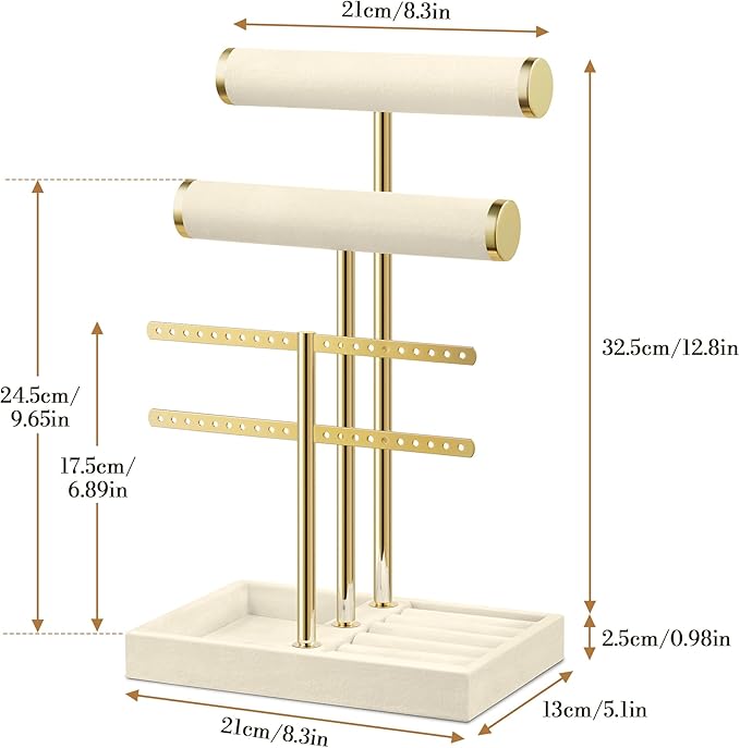 Bracelet Holder Jewelry Organizer Display - 3 Tier T Bar Velvet Stand, Beige Jewelry Storage for Bracelet, Necklaces, Earrings, Rings, Watches