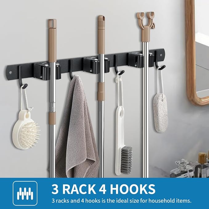 2 Pack Broom Hanger and Mop Holder, Heavy Duty Garden Tool Organizer Rack Rake and Shovel Handle, Stainless Steel Wall Mounted Utility Rack with Screws (5 Racks with 4 Hooks, Matte Black).