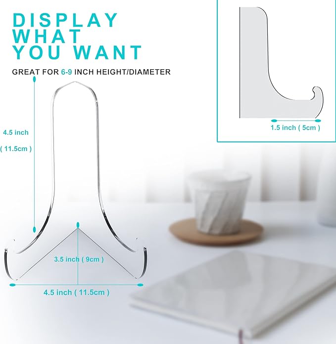 Boloyo 60-Degree Angle Acrylic Plate Display Stand , 4.5 Inch 2PC Clear Acrylic Display Holder Easel Base for Home Office Kitchen School Art Display