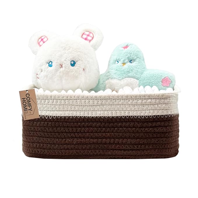 COMFY-HOMI 13" x 8.5" x 5.1" Storage Baskets for Organizing | Cotton Rope Woven Basket | Toy Storage Bin Box | Basket for Shelves,1 Pack, dark brown/white