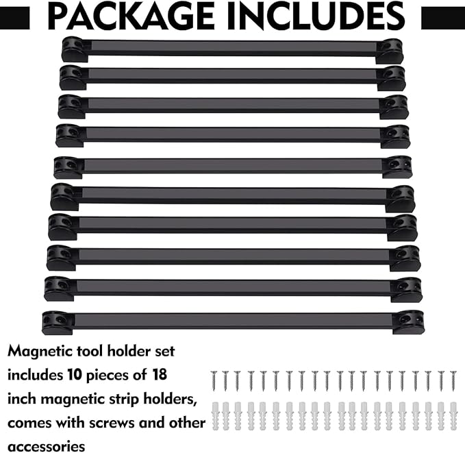 18" Magnetic Tool Holder, 10 Packs Magnetic Storage Strips Magnet Bar PVC Coated for Garage Tool Organizer Mounted Hanging Strip,Heavy Duty of Holder Easy to Install